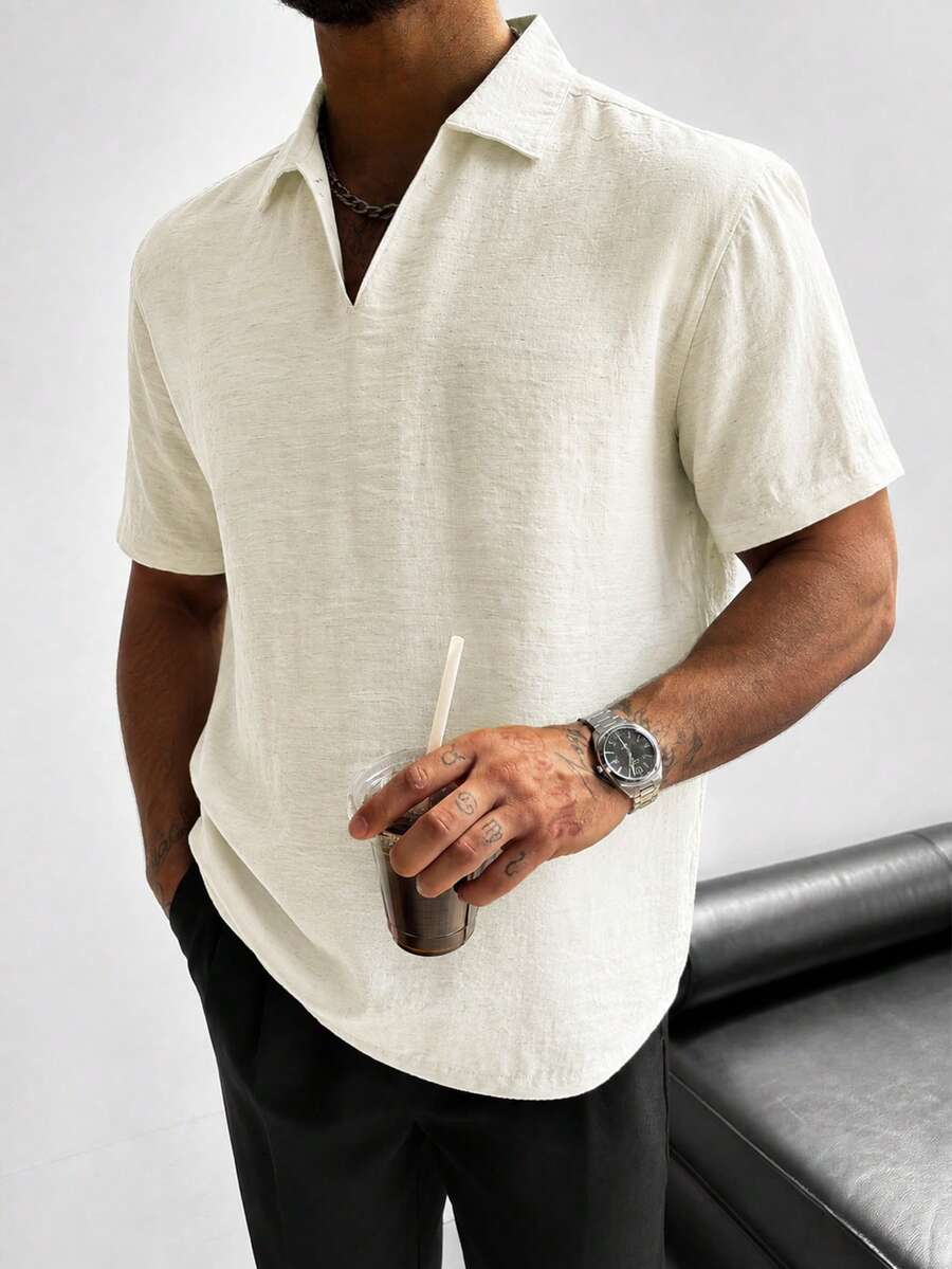 GloMan Men Apricot V‑Neck Linen Semi‑Sheer Short Sleeve Shirt,Summer/Fall Breathable For Vacation Beach,Business,Street,Office Commute,Father/Husband - Apricot - View 1