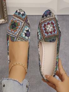 Spring/Autumn New Fashion Pointed Toe Low Vamp Flat Shoes Brown Color-Block Geometric Daily Comfortable Versatile Commute Lightweight Slip-On Loafers Random Pattern - Brown Background With Square Grid Pattern - View 3