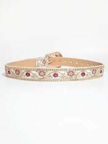 女款花卉刺繡水鑽西式腰帶，白色波希米亞復古牛仔女郎腰帶 - 白色-金色刺繡 - 查看 4