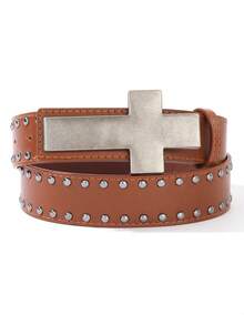 男士哥德龐克十字扣鉚釘腰帶，復古黑色人造皮革街頭風腰帶 - 十字架鉚釘款 - 查看 13