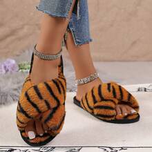 Women's Brown Cross Strap Plush Warm Slippers, Winter Fashion Cute New Hot-Selling Fuzzy Indoor Home Slippers - Brown - View 4