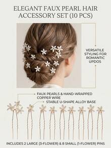 10pcs Elegant Faux Pearl Flower U-Shaped Hair Pin Set, Metal Hand-Woven Bridal Updo Hair Clips, Sweet Women's Headpiece For Party Wedding, Metal Wire Woven Faux Pearl Flower Hair Pins, Daily/Party Hair Accessories - Gold - View 9