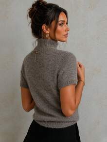Women's Autumn/Winter New Knit Semi-High Neck Short Sleeve Top, Minimalist Basic Slim Fit Sweater, Wool Blend Knit Top, Y2K Retro Style, Suitable For Daily Wear, Halloween Outfit - Khaki - View 5