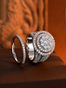 1pc Fashion Heavy-Duty Full Rhinestone Multi-Layer Round Crystal Ring, Geometric Luxury Exaggerated Wide Band Ring For Women And Men, Banquet Party High-End Accessory Gift Jewelry - White - View 1