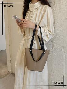 Two‑Tone Faux Leather Medium Tote Bag For Women, Contrast Handle Shoulder Handbag, Bucket Purse With Cute Hanging Charm Accessory - Khaki - View 3