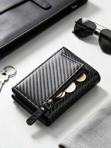3/1pc Men's Carbon Fiber PU Pop‑Up Wallet, Zipper Coin Pocket Trifold Purse, Multi‑Card Slots Slim Purse For Business Daily Use - Multicolor - View 6