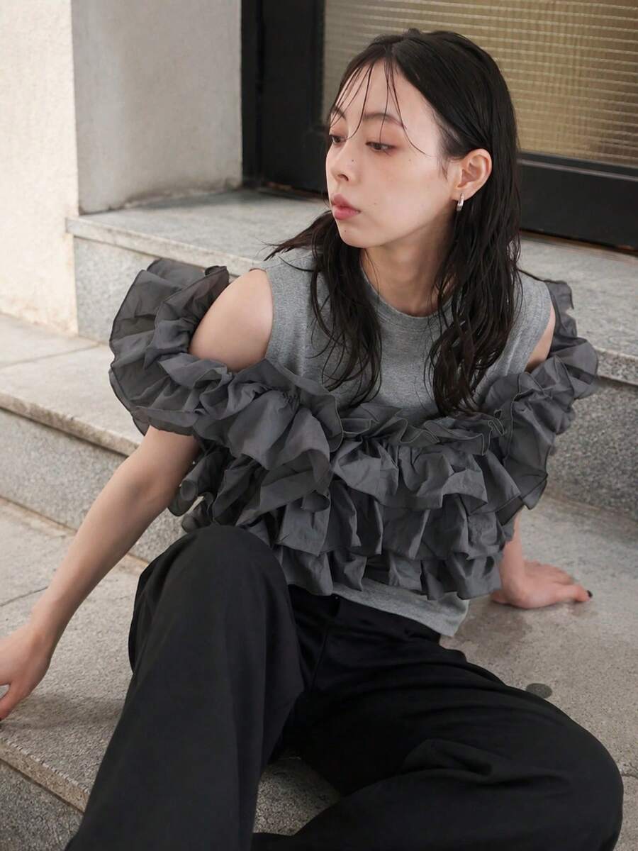 Women Round Neck Sleeveless Ruffle Top Layered 3D Frill Patchwork Cotton Tee Shirt Elegant Chic Summer Party Blouse Solid Color - Grey - View 1