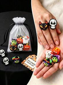 Cartoon Halloween Rubber Rings, Cute Ghost, Skeleton, Pumpkin, Witch, Black Cat Design, Halloween Decoration, Party Decor Accessories, Trick Or Treat Props, Spooky Party Gifts, Small Halloween Gifts, Gift Bag Fillers, Halloween Gifts (Suitable For Teens 14+) - Multiple Styles - View 9