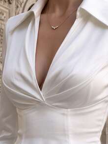 Women's Fall White Lapel Deep V Ruched Long-Sleeve Satin Shirt, Wrap Cinched Waist Flared Hem Blouse,Occasion Wear For Business Banquet Commuting - White - View 5