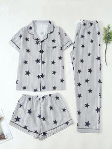 Set Piyama 3 Potong Motif Bintang dan Garis untuk Wanita - Hitam - View 1