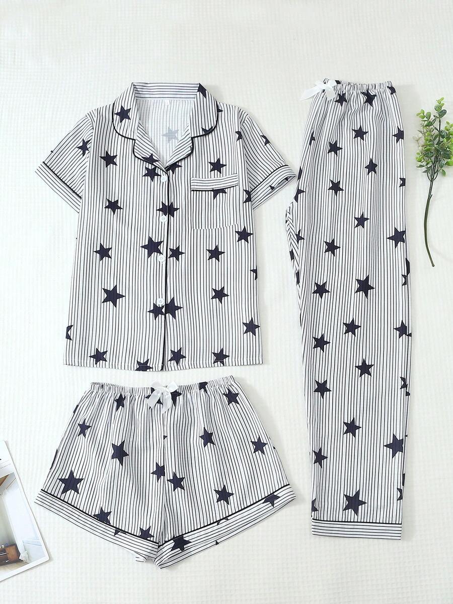 Set Piyama 3 Potong Motif Bintang dan Garis untuk Wanita - Hitam - View 1