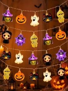 1pc Halloween Combination LED String Lights, Battery Powered, 10/20 LED Beads, Pumpkin, Ghost, Witch, Mummy And Spider Web 8 Shapes, Suitable For Bedroom, Living Room, Door & Window, Party Decoration - Multicolor - View 1