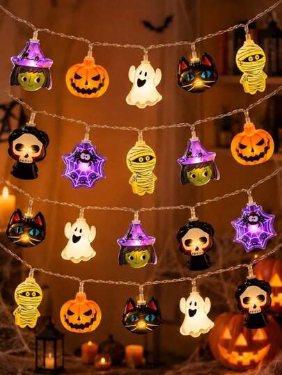 1 pieza Luces LED de cadena combinadas de Halloween, alimentadas por batería, 10/20 cuentas LED, calabaza, fantasma, bruja, momia y telaraña 8 formas, adecuadas para dormitorio, sala de estar, puerta & ventana, decoración de fiesta
