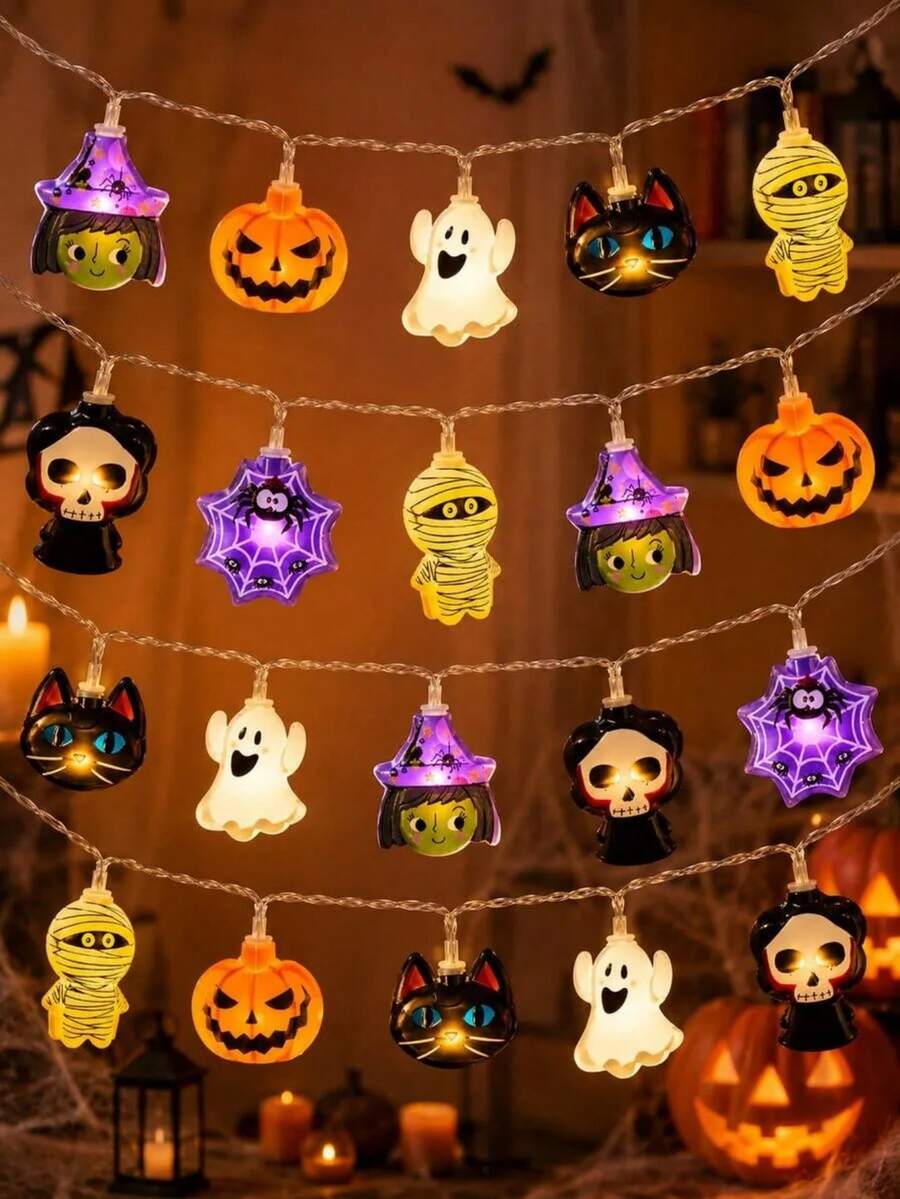 1pc Halloween Combination LED String Lights, Battery Powered, 10/20 LED Beads, Pumpkin, Ghost, Witch, Mummy And Spider Web 8 Shapes, Suitable For Bedroom, Living Room, Door & Window, Party Decoration - Multicolor - View 1