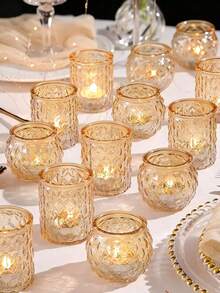 12pcs Vintage Transparent Glass Tea Candle Holders, For Wedding Table Decor, Bridal Shower Decor, Bohemian Tea Party Decor And Wedding Party Guest Favors - Transparent - View 5