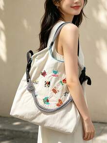 1pc New Embroidered Cute Cat Head Pattern Shopping Bag, Large Capacity Commuter Travel Bag, Drawstring Handbag, Versatile Nylon Shoulder Tote Bag - Multicolor - View 6