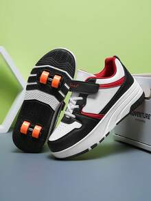 BLSART 1 par de patines de 4 ruedas con bloques de color y patchwork para niños, con cierre de gancho y bucle, suela gruesa antideslizante, ruedas desmontables 2 en 1 de doble uso, zapatos deportivos con ruedas para patinar casual al aire libre para niños - Negro - Ver 12