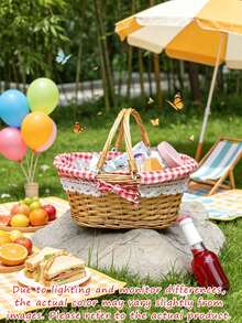 1pc Handwoven Wicker Picnic Basket With Lace Bow Decor Lined Fabric Lining Multi Style Red Gingham Check Pattern Portable Basket With Handle For Outdoor Picnic Camping - Multiple Styles - View 19