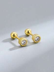 SYMFNY 1 Pair 925 Sterling Silver Round Bezel Set Cubic Zirconia Stud Earrings With Screw Back - Yellow Gold - View 3