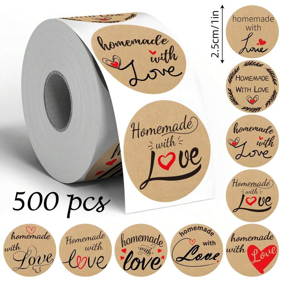 500pcs Ins Style Kraft Paper Handmade Label Stickers Roll, 1 Inch Round, 9 Rotating Patterns, English "Homemade With Love", Perfect For Handmade Sellers, Baking Packaging, Jam Glass Jars, Handmade Soap, Gift Box Seals, Gift Favors, Small Shop Packaging - Multicolor - View 1