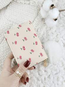 Ladies' Cherry Print Zipper Credit Card Clip Bag, Featuring A Stylish Pom Pom Accent, Card Short Wallet, Multi Slot Coin Wallet - White - View 8