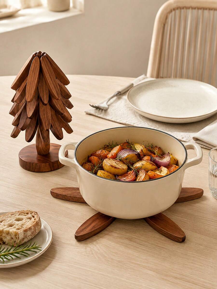 1-Piece Walnut Wood Tree-Shaped Heat-Insulating Mat Set - Natural Tree-Shaped Heat-Insulating Mat Combination, Includes 5 Wooden Heat-Insulating Mats And 1 Storage Rack, Foldable Kitchen Wooden Heat-Insulating Mat, Suitable For Hot Dishes, Soup Pots, Bowls, Teapots, Functions As Heat-Insulating Pot Mat, Placemat, Coaster, Clay Pot Mat; Tree-Shaped Design Heat-Resistant Placemat For Home Use, Premium Coaster, Minimalist Modern Placemat, Christmas Gift - View 1