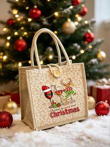 Beige Linen Tote Bag With Christmas Wine Glass & Reindeer Print, Suitable For Christmas Gifts, Travel And Daily Use - Multicolor - View 3