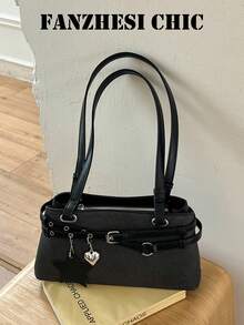 Ins Niche Distressed Underarm Bag With Metal Buckle And Strap Decor, Minimalist Commuter Sweet Cool Style Women's Handbag - Black - View 8