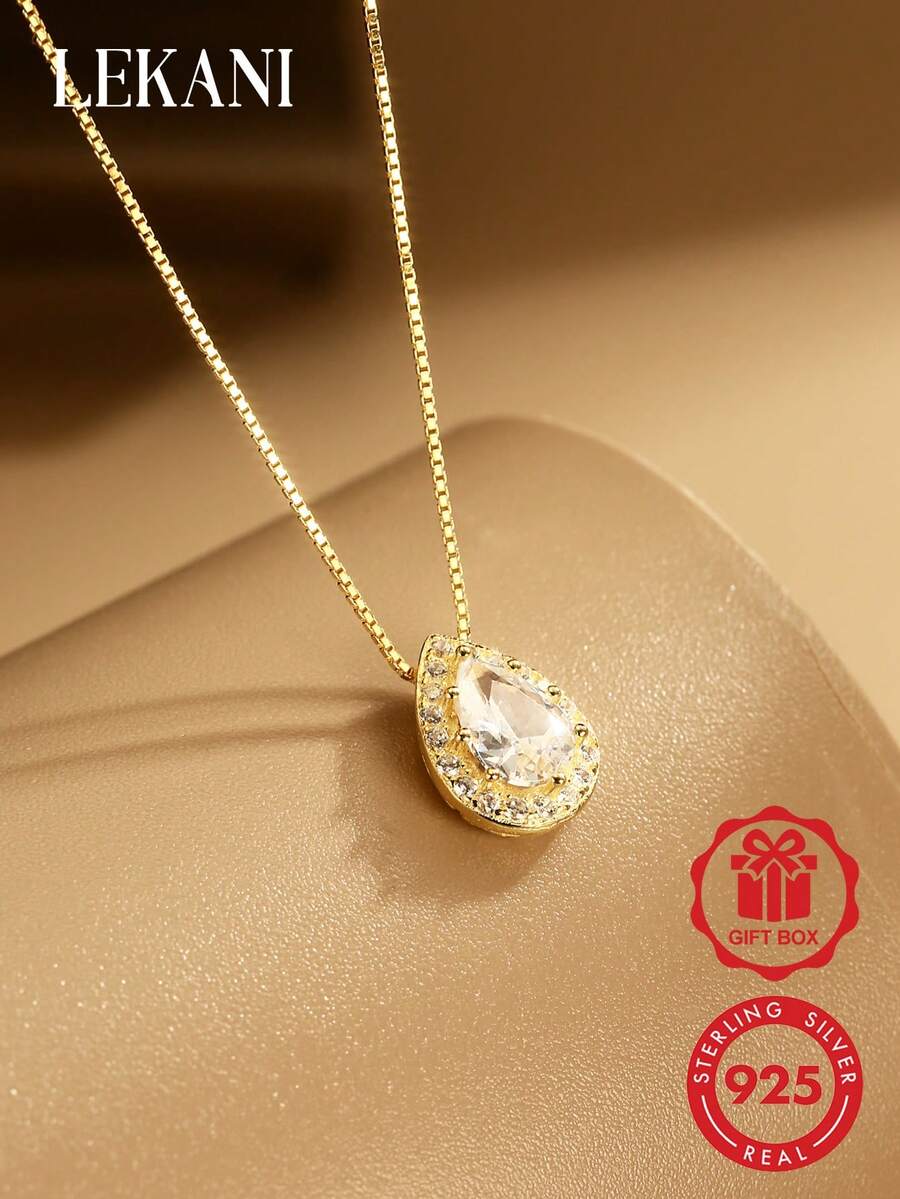 LEKANI S925 Sterling Silver Necklace 1pc Gold Fashion Design Water Drop Shape Pendant Necklace Simple Elegant Gift For Girlfriend Best Friend Exquisite Gift Niche Daily Wear Collarbone Chain Necklace - Gold - View 1