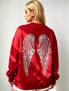 Women's Oversized Angel Wings Print Hoodie - Black Y2K Back Graphic Pullover,  Fall Winter  Streetwear , Comfy Oversized Silhouette2026 - Red 2 - 查看 2