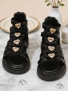New Girls' Stylish Breathable Hollow Design High-Top Roman Sandals, Mesh Ruffle With Rhinestone Heart Decoration, Back Zipper For Easy On/Off, Thick Non-Slip Soft Sole, Sweet Versatile For Summer Daily Wear, Outings And School - Black - View 7
