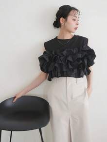 Women Round Neck Sleeveless Ruffle Top Layered 3D Frill Patchwork Cotton Tee Shirt Elegant Chic Summer Party Blouse Solid Color - Grey - View 11