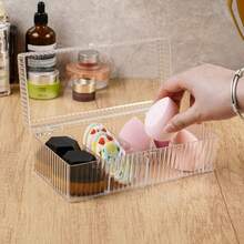 Kotak Penyimpanan Transparan Bergaris Vertikal dengan Tutup, Kotak Organizer Makeup, Alat Tulis, dan Perhiasan untuk Meja, Kotak Penyimpanan Plastik Anti Debu untuk Meja Rias, Kotak Organizer Meja, Cocok untuk Dekorasi Ruangan, Hiasan Meja, Hadiah Kembali ke Sekolah, Hadiah Liburan, Hadiah Halloween - Clear - View 5