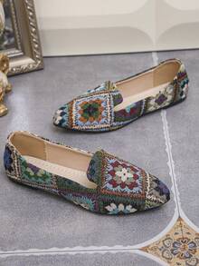Spring/Autumn New Fashion Pointed Toe Low Vamp Flat Shoes Brown Color-Block Geometric Daily Comfortable Versatile Commute Lightweight Slip-On Loafers Random Pattern - Brown Background With Square Grid Pattern - View 8