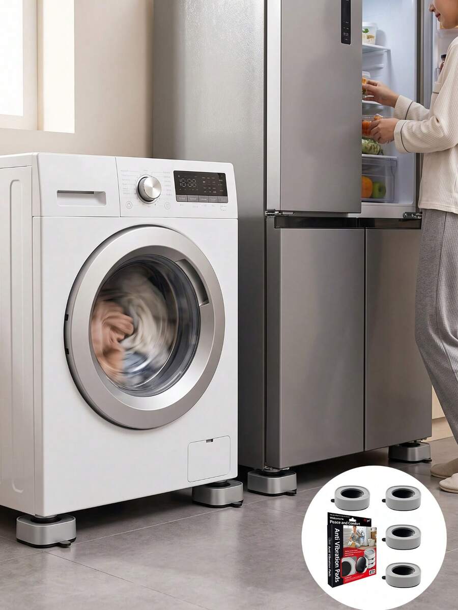 4pcs Anti-Vibration Pads For Washing Machine, Modern Silver Rubber Washer/Dryer Feet Pads, Heavy Duty Shock Absorbing Noise Reduction Pads, Anti-Slip Anti-Shift, Heightening Base Pads, Floor Protection Pads, Suitable For Laundry Room, Refrigerator, Furniture - Other - View 1