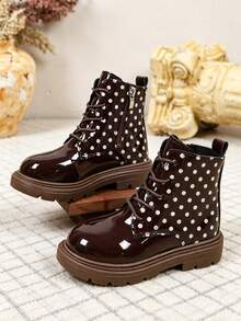 1 Pair Brown Polka Dot Glossy Children's Boots, Soft Mirror PU Material, Round Toe Thick Sole Height Increase, Fashionable Versatile Princess Style Short Leather Boots, Suitable For Daily School, Holiday, Party, Autumn/Winter New - Brown - View 2