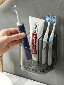1pc Transparent Toothbrush Holder, Divided Wall-Mounted Storage Rack, Multi-Functional Bathroom Storage Accessory, Creative Drill-Free Bathroom Organizer, For Storing Toothbrush, Comb And Razor, Home Bathroom Decor - Clear - View 11