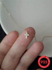 1pc S925 Sterling Silver Plated Mini Diamond Cross Pendant Necklace, Japanese-Style Delicate And Unique Cubic Zirconia Collarbone Chain, Great Gift For Girlfriends - Pendant Necklace - View 1