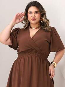 Duna Women's Plus Size Midi Wrap Dress With Short Sleeves - 鏽棕色 - 查看 4
