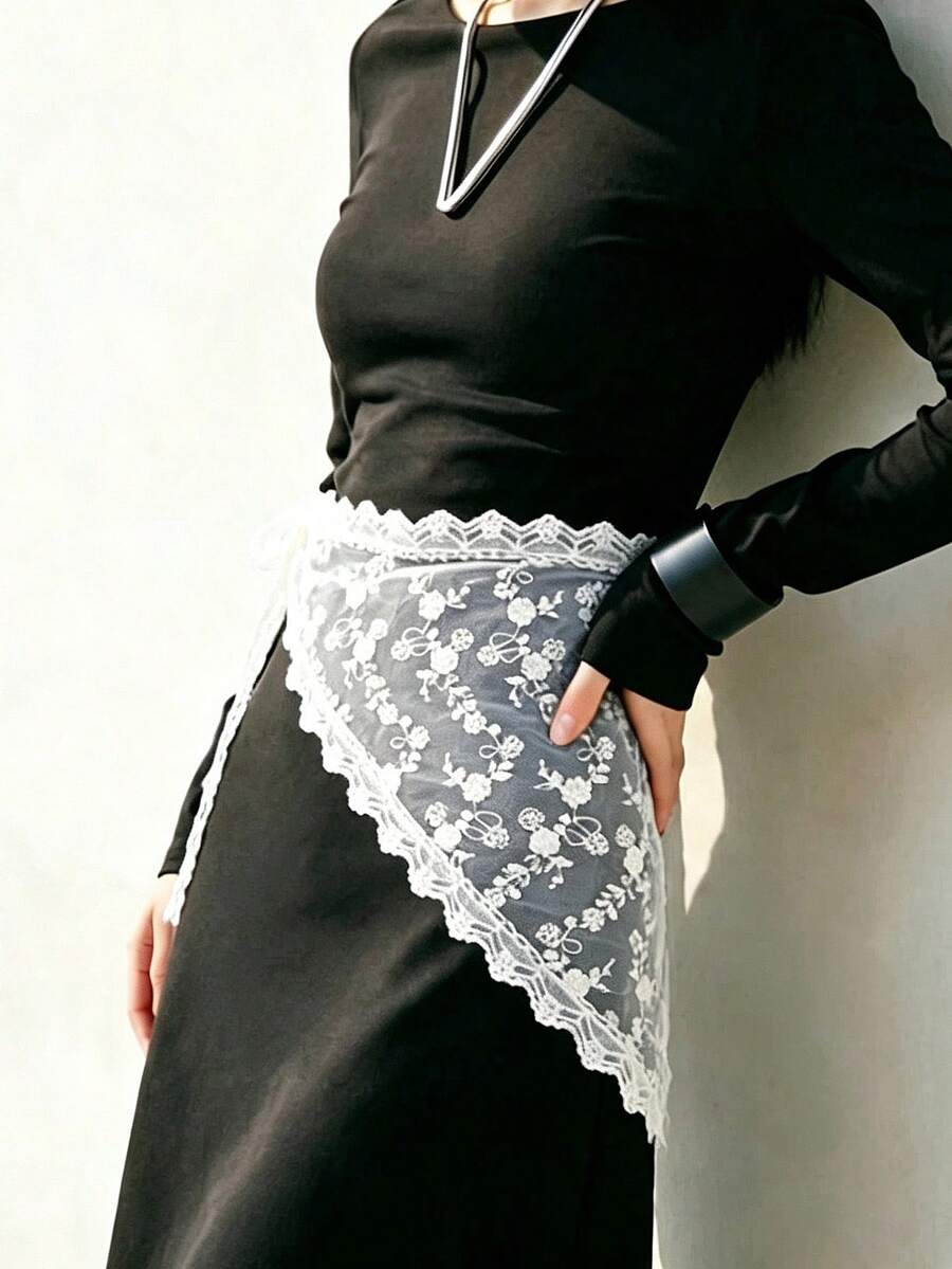 1pc Women's Fashion White Belt Triangle Waist Skirt Lace Waist Apron - White - View 1