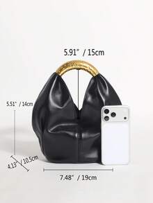 1件黑色PU荷葉邊設計復古金屬配件手提包，精緻時尚拉鍊水桶包，適合通勤與購物 - 黑色 - 查看 2