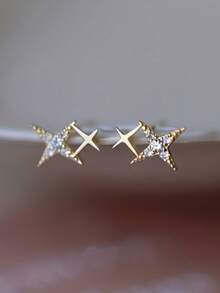 Fashionable Double Star Stud Earrings, Proposal Engagement Party Jewelry Gift - Multicolor - View 2