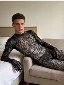 Men's Sexy Fishnet Leopard Print Lingerie Jumpsuit Hollow Out See-Through Seductive - Black - View 3