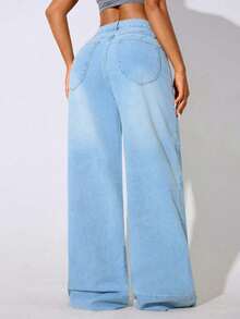 Celana Jeans Wanita Model Low Waist Wide Leg Casual Biru dengan Kantong Miring dan Lengkung untuk Musim Gugur - Baby Blue - View 2