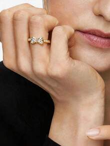 1pc Gold-Tone White Zirconia Bow-Knot Design Women's Ring Set, Elegant & Fashionable, Suitable For Stacking - Gold - View 3