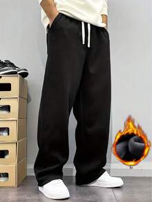 Men's Casual Autumn/Winter Thermal Lined Long Pants. Drawstring Minimalist Design. Side Pockets - Convenient For Carrying And Storage Sports Black - Black - View 5