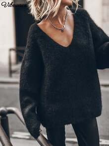 VIBEWAVE Autumn/Winter Deep V-Neck Soft Fluffy Knit Sweater, Loose Drop Shoulder Wide Sleeve Slouchy Vintage Street Commute Long Sleeve Top - Black - View 1