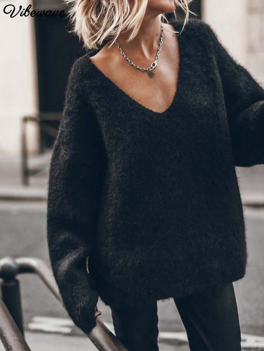 VIBEWAVE Autumn/Winter Deep V-Neck Soft Fluffy Knit Sweater, Loose Drop Shoulder Wide Sleeve Slouchy Vintage Street Commute Long Sleeve Top - Black - View 1