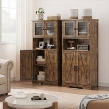 Armario recibidor alto independiente de madera con puertas de transparente y estantes ajustables, mueble despensa para cocina/baño/salón, estilo rústico moderno, 60x30x128 cm - Marrón - Ver 2