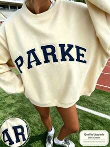 2026New Arrival Bestseller Women's Casual "PARKE" Letter Print Loose Pullover Sweatshirt, Encountering Lazy Fashion, Women's Graphic Tops Clothes. - 杏色2 - 查看 7